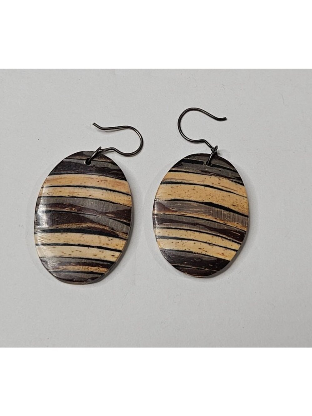 Plastic Oval Dangle Earrings Faux Wood Striped Silvertone Hooks 1.5 inches